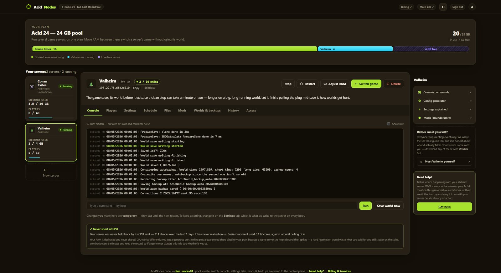 Valheim console in the AcidNodes panel