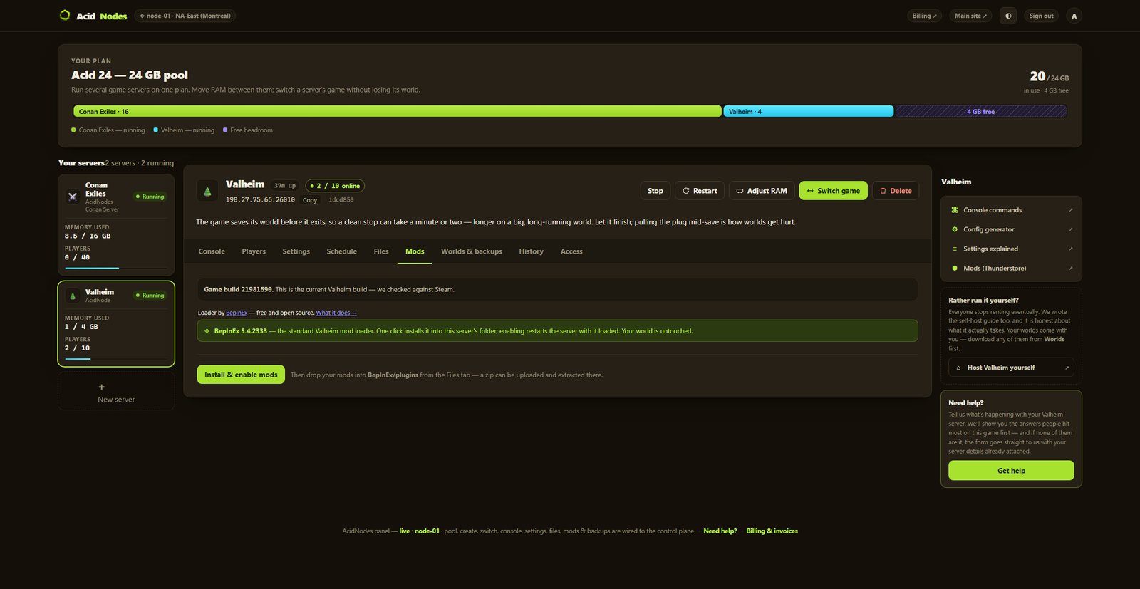 Valheim mods in the AcidNodes panel