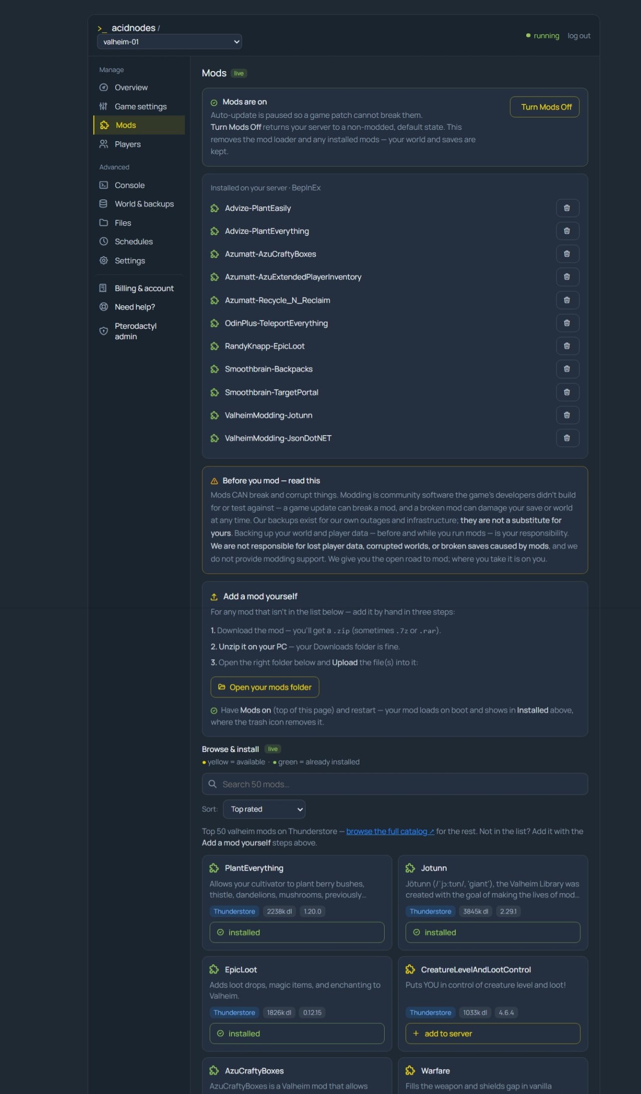 Valheim mods in the AcidNodes panel — installed BepInEx list and a searchable mod catalog