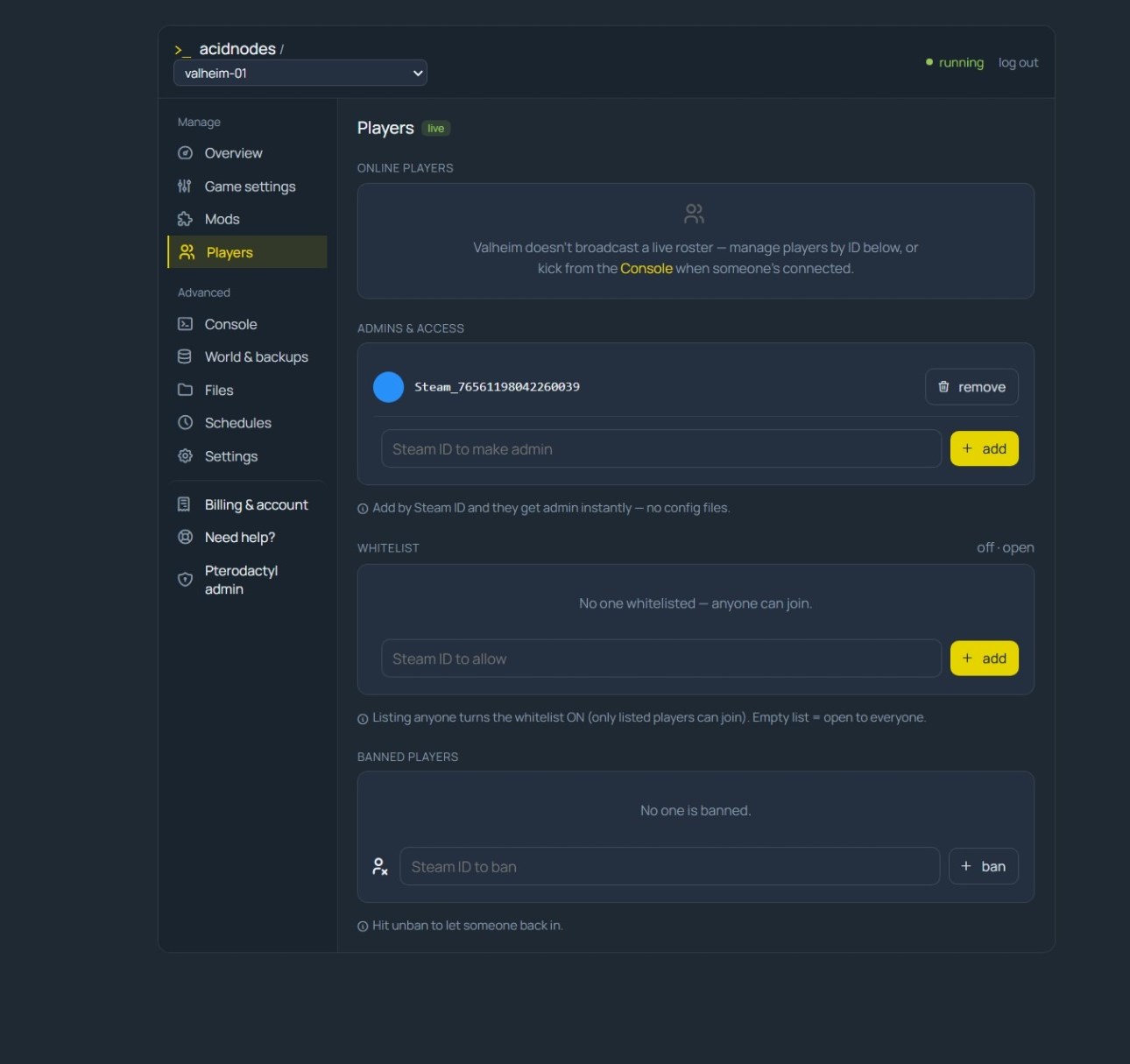 Valheim player management in the AcidNodes panel — admins, whitelist and ban by Steam ID