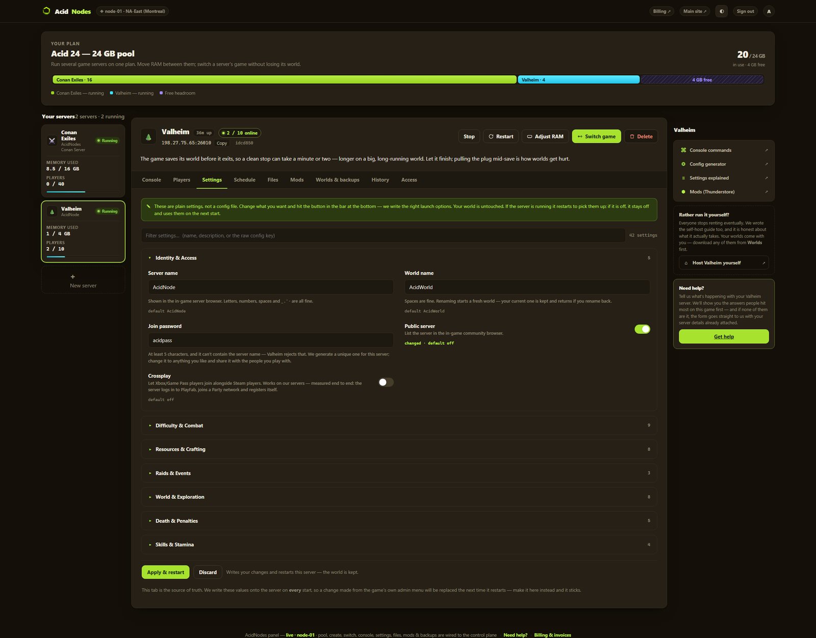 Valheim settings in the AcidNodes panel