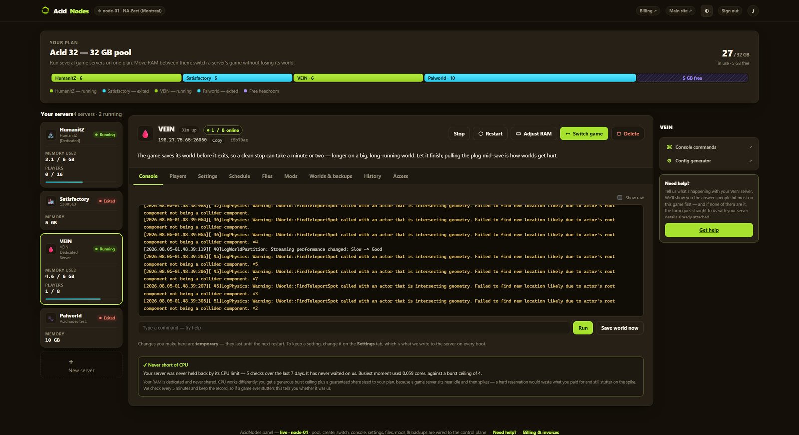 VEIN console in the AcidNodes panel