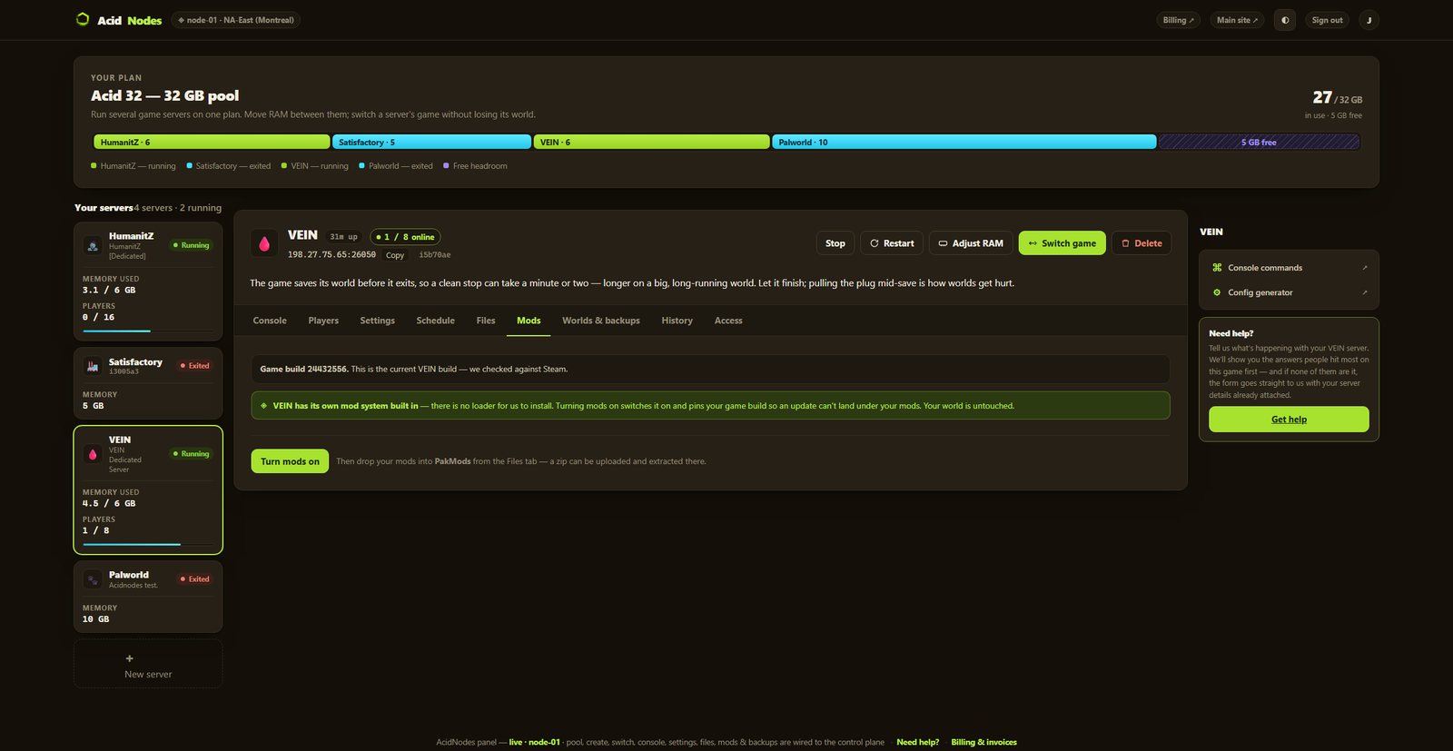 VEIN mods in the AcidNodes panel