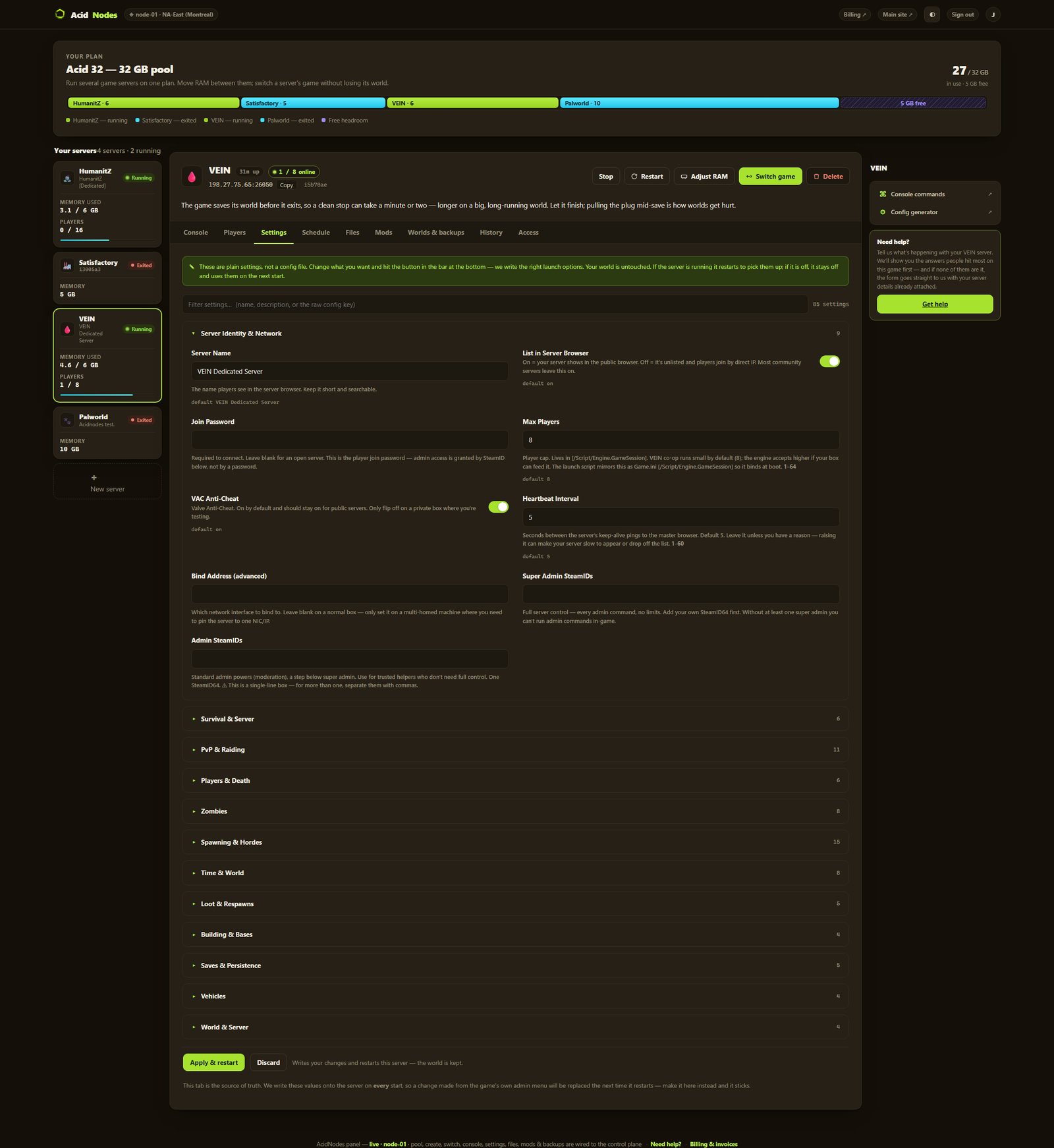 VEIN settings in the AcidNodes panel