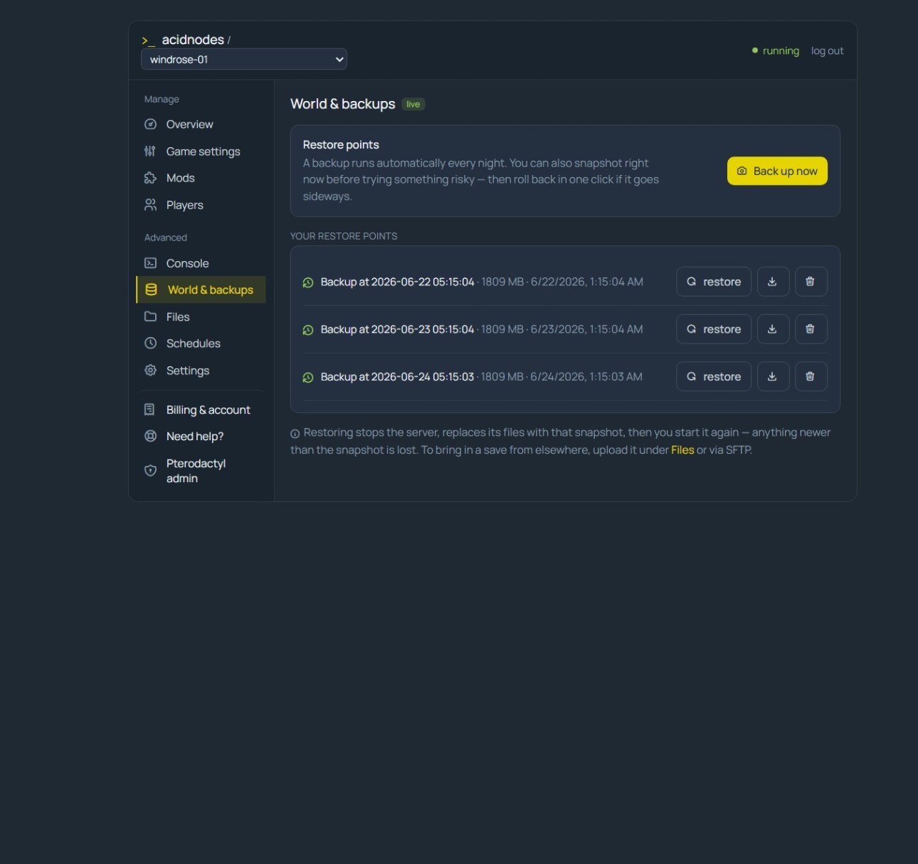 Nightly backups for a Windrose server in the AcidNodes panel, with checksums