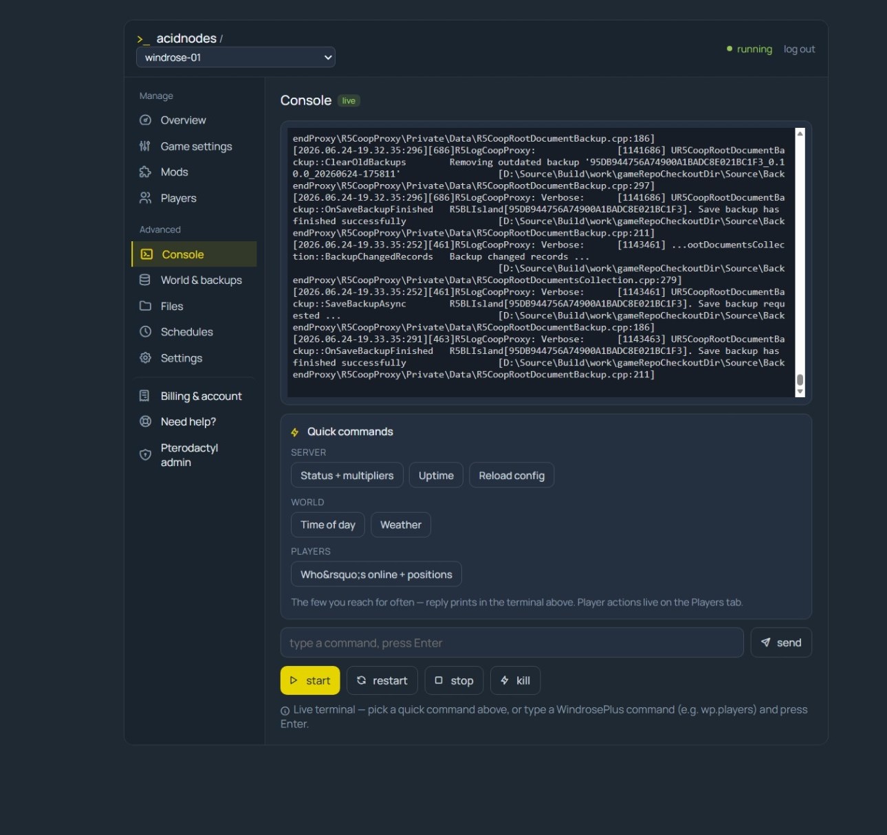 Windrose server console in the AcidNodes panel — live log and power controls