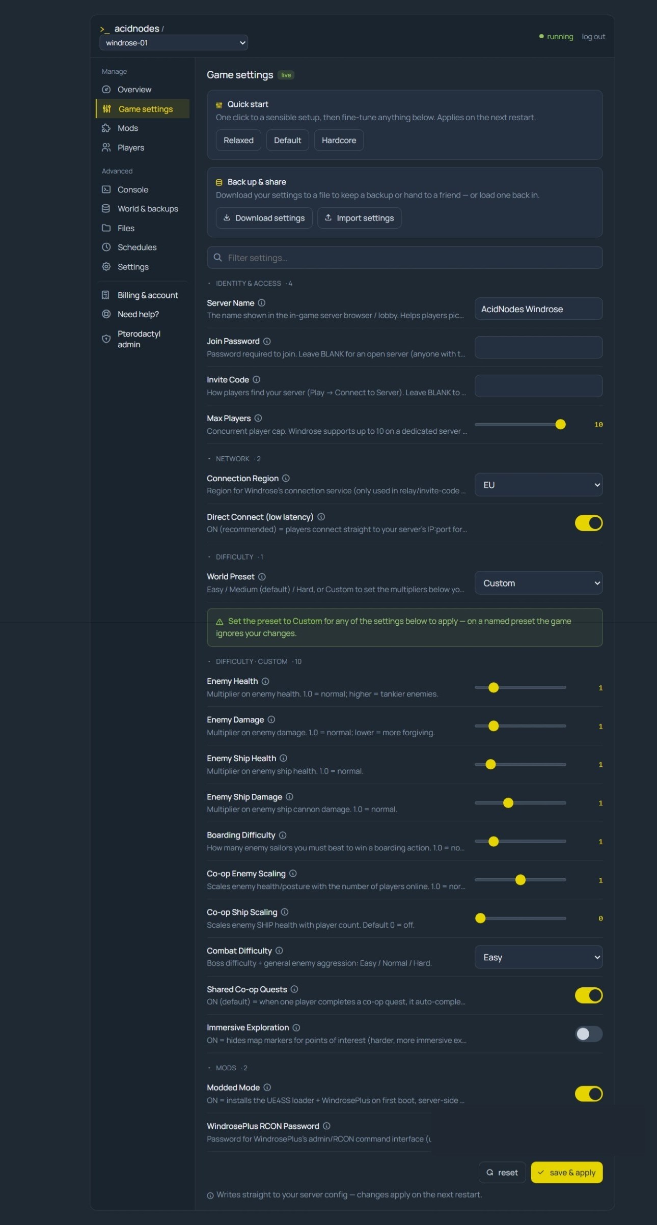 Windrose Game Settings in the AcidNodes panel — server and world-difficulty settings as labeled fields with sliders