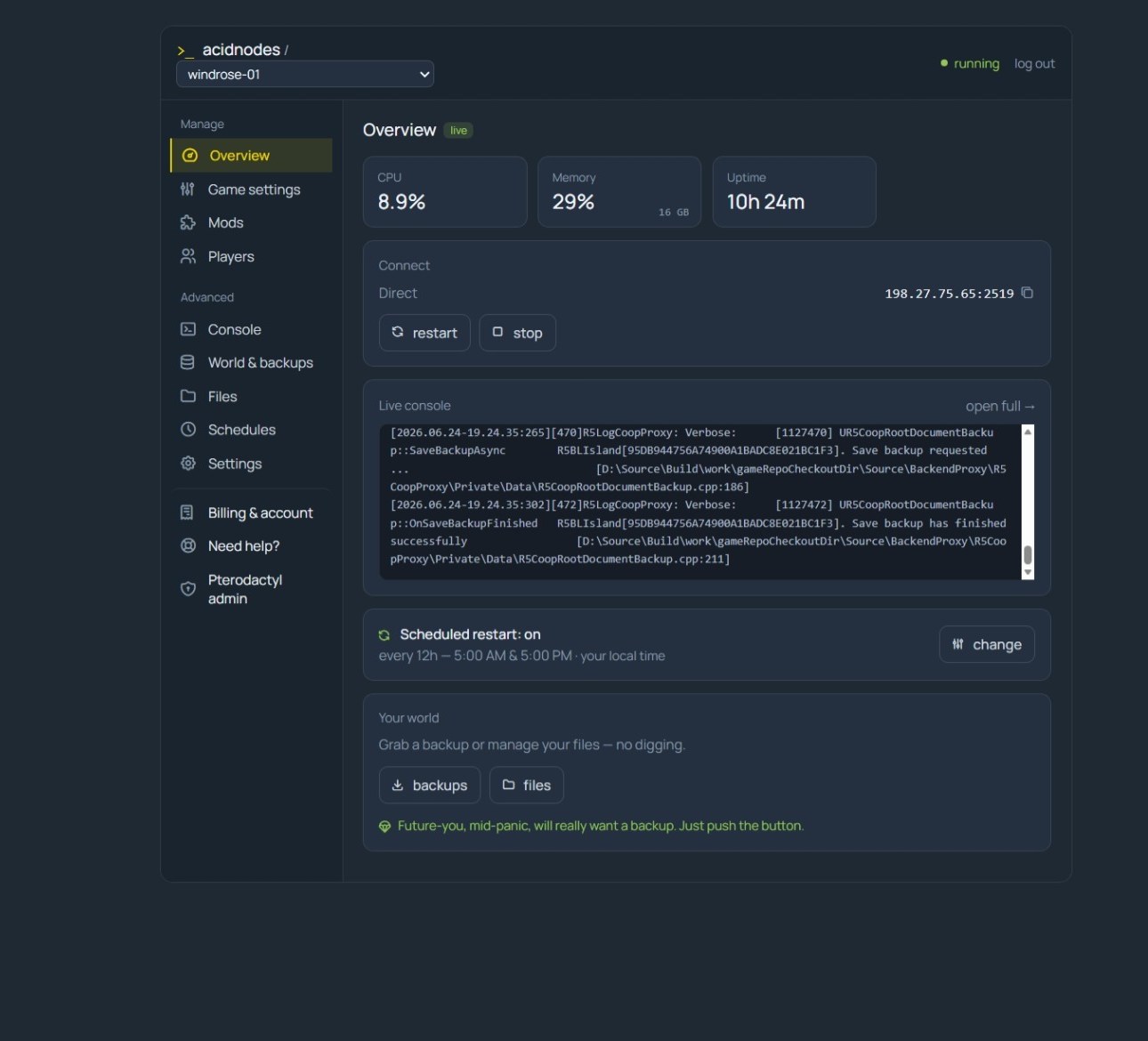 Windrose server overview in the AcidNodes panel — CPU, RAM, uptime, direct-connect IP, power controls and restart schedule