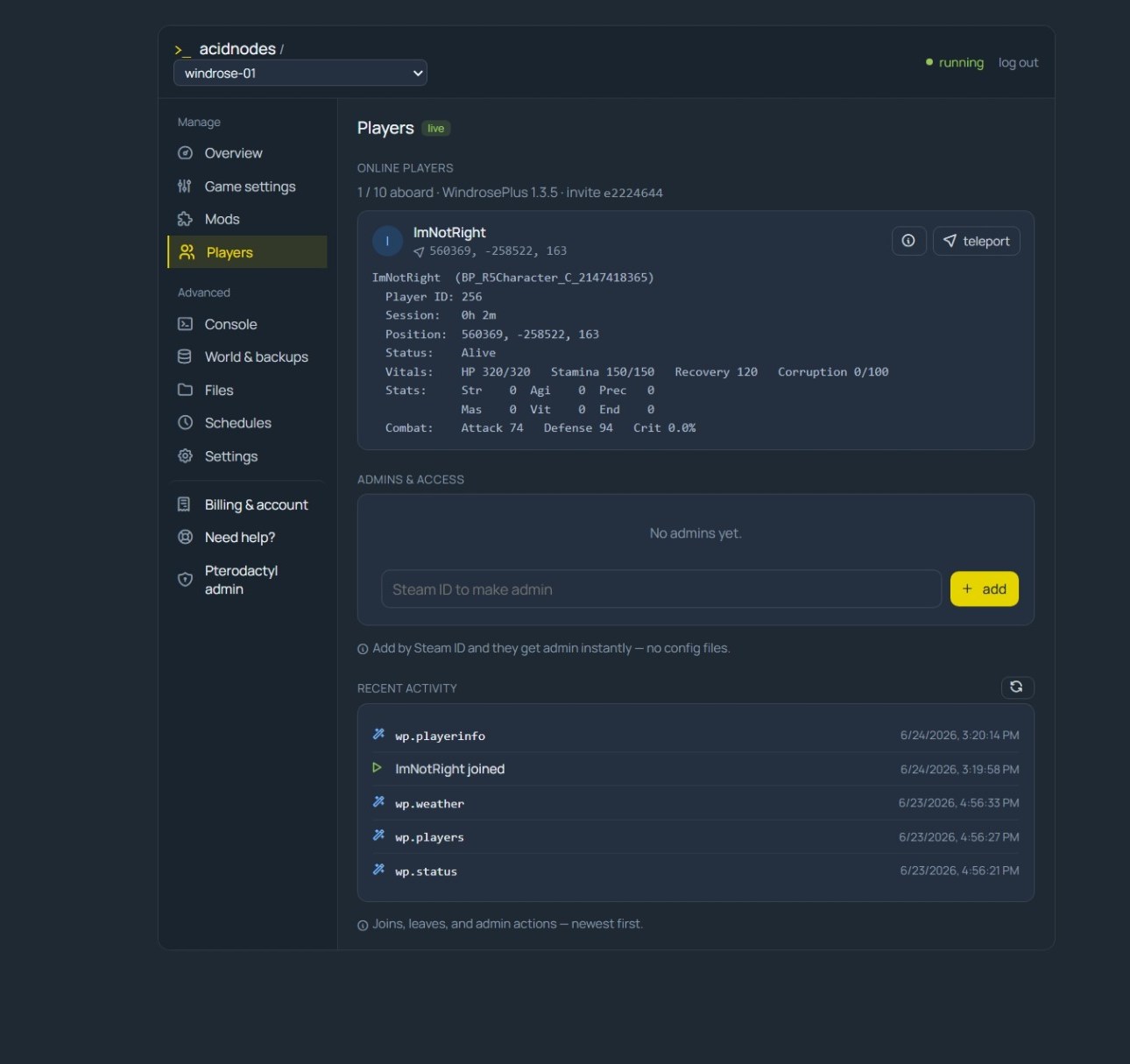 Windrose live player roster in the AcidNodes panel, read from the server's own log