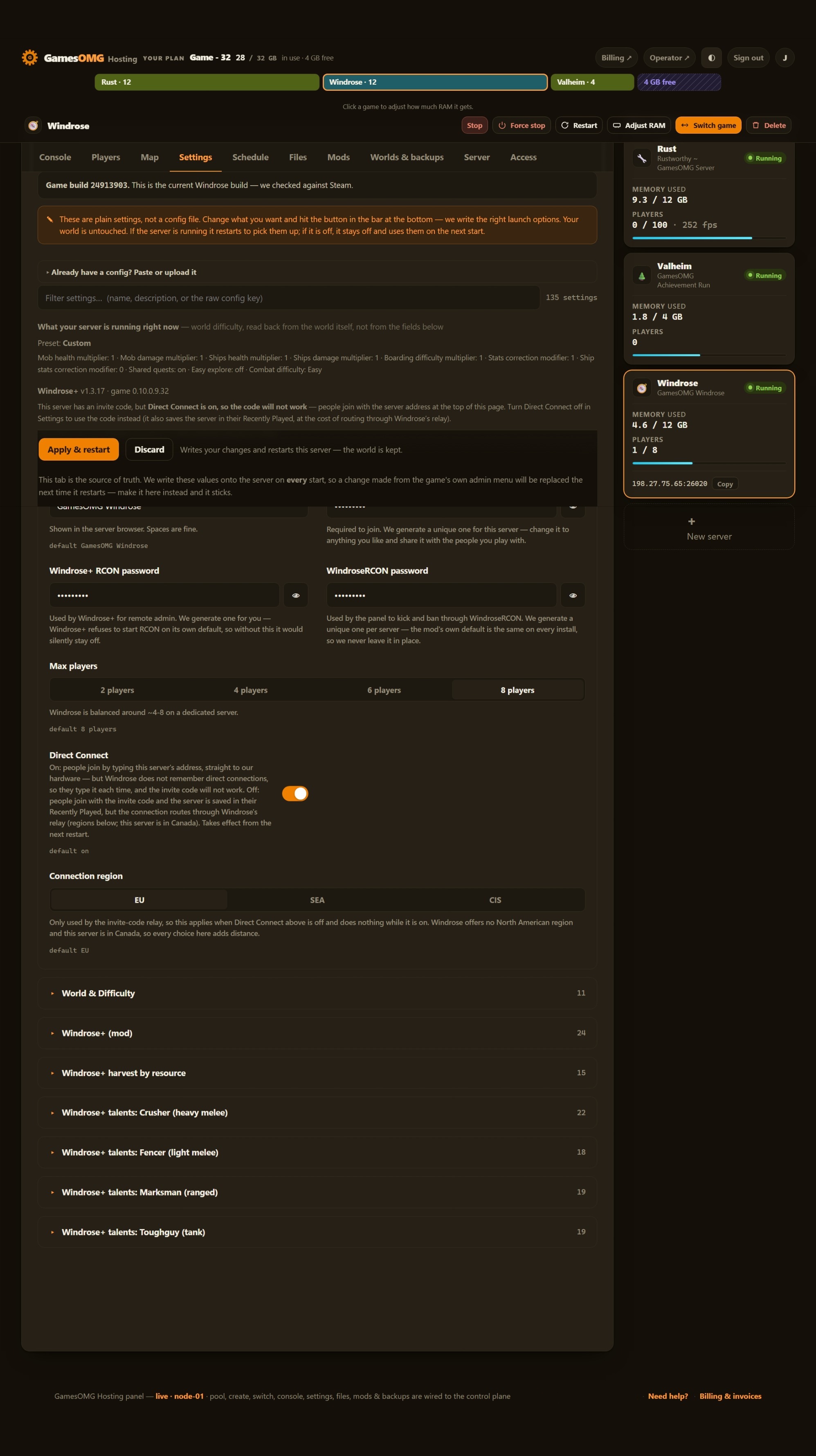 Windrose settings in the GamesOMG Hosting panel